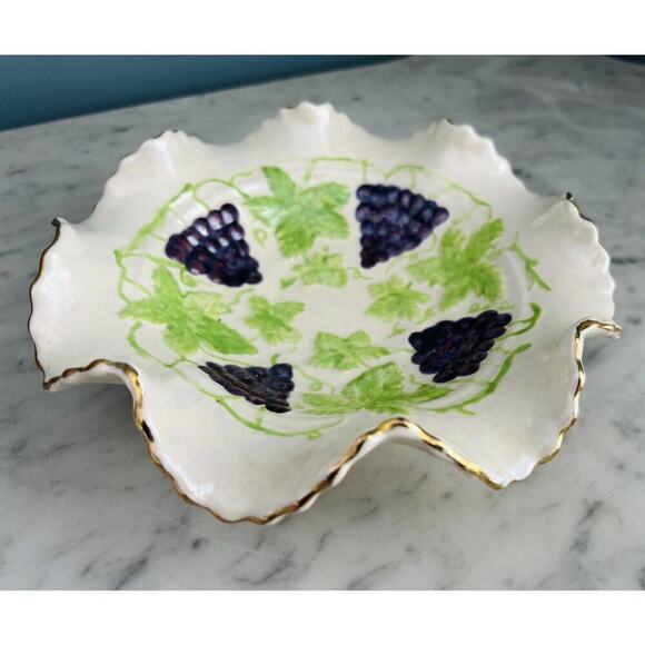 Majolica Ceramic Hand Painted Candy Dish Bowl Grape Design Gold Trim Signed JLM - Picture 14 of 16